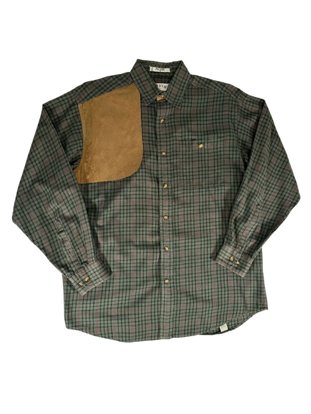 Vintage 90s Orvis SHOOTING SHIRT Suede Shoulder Patch Green Plaid Long Sleeve M